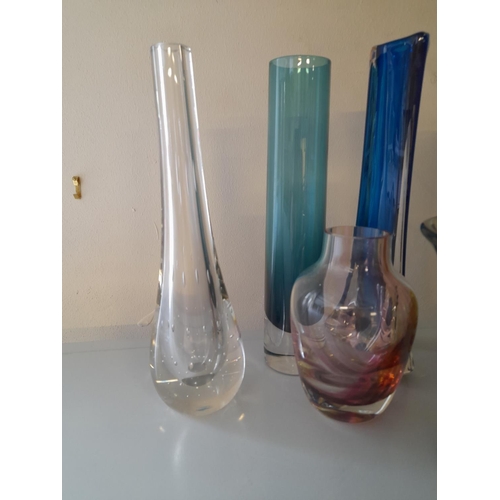 401 - Whitefriars Kingfisher Blue 24cm Unicorn Vase plus Other Coloured Glass Vases. (6 Total).