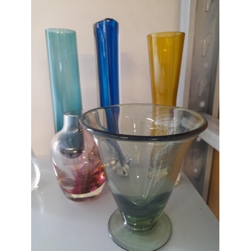 401 - Whitefriars Kingfisher Blue 24cm Unicorn Vase plus Other Coloured Glass Vases. (6 Total).