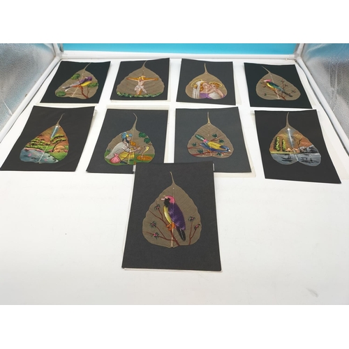 410 - Collection of Hand Painted Asian/Oriental Peepal Tree Leaf Pictures (9). 23cm x 17cm.