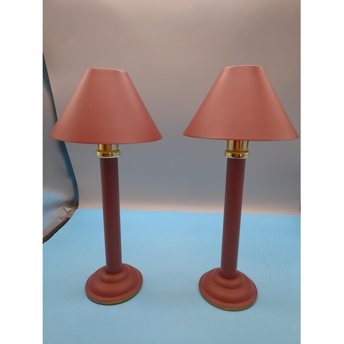 423 - Pair of Candlestick Style Lamps with Metal Shades. 35cm High.