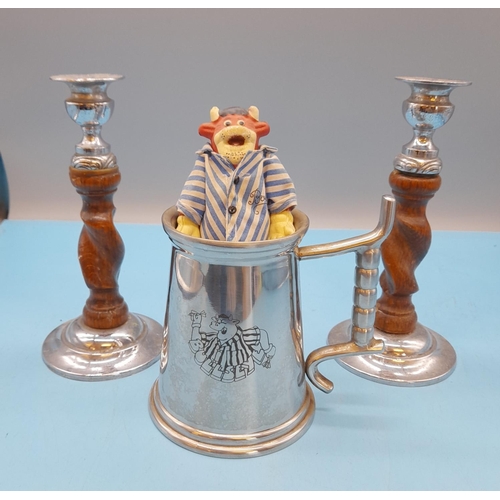 433 - Bullseye Metal Tankard and 'Bully' Toy plus Pair of Wood and Metal Candlesticks.