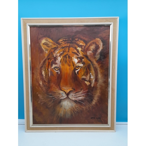 435 - Framed Oil on Board Painting 'Tiger' by Irene Alger. 58cm x 47cm.