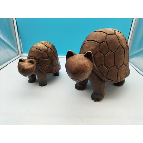 447 - Wooden Tortoise Figures (2). Largest 26cm high, 39cm long.