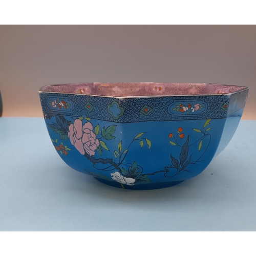 449 - Shelley Large Blue and Purple Bowl with Enamel Flower Decoration. c 1925-1945. 10cm High, 20cm Diame... 