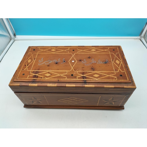 484 - Wooden Inlayed Box with Inner Tray. 16cm High, 37cm x 20cm.