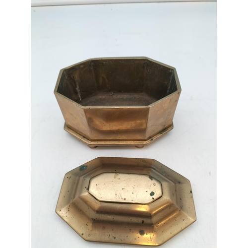 536 - Bronze Caddy Shaped Pot. 10cm high, 13cm x 8cm.