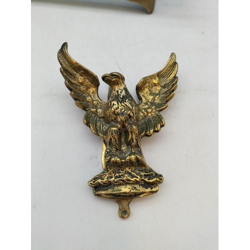 544 - Brass Fold Down Book Holder plus Eagle Door Knocker. Largest 21cm High, 26cm x 24cm.