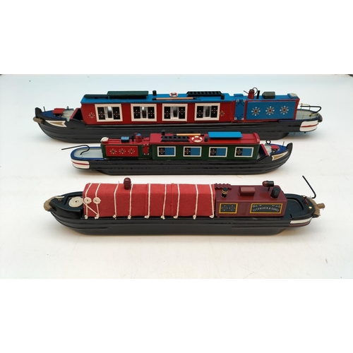 546 - Wooden Hand Painted Canal Barge Models (3). Longest 39cm.