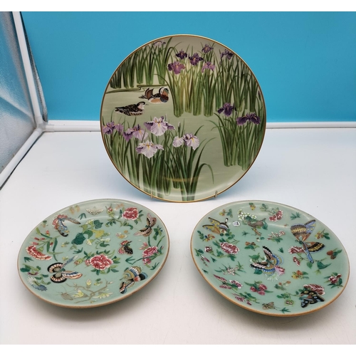 554 - Chinese Celadon 19cm Bird Dishes (2) plus 26cm Japanese Bird Plate