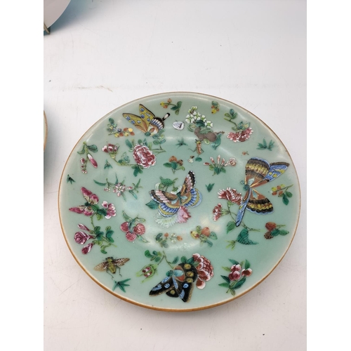 554 - Chinese Celadon 19cm Bird Dishes (2) plus 26cm Japanese Bird Plate