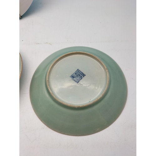 554 - Chinese Celadon 19cm Bird Dishes (2) plus 26cm Japanese Bird Plate