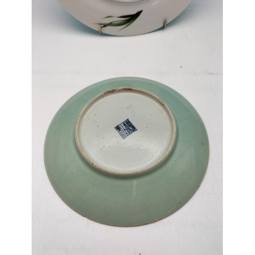 554 - Chinese Celadon 19cm Bird Dishes (2) plus 26cm Japanese Bird Plate