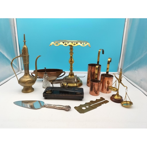 556 - Brass Stand (22cm h), Brass Handled Copper Ladles (3), Post Office Scales and Weights, etc.