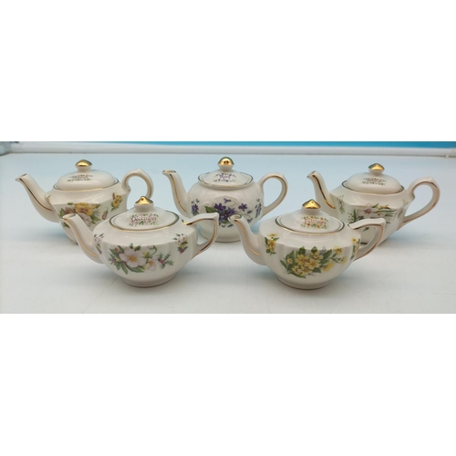 560 - Sadler Miniature 'Months of the Year' Teapots (6). 6cm High, 11cm Long.