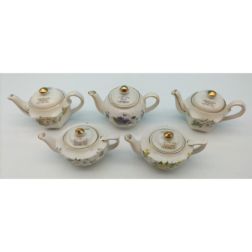 560 - Sadler Miniature 'Months of the Year' Teapots (6). 6cm High, 11cm Long.