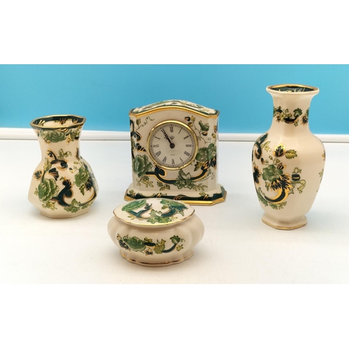 400 - Mason's 'Green Chartreuse' Items (4) to include Mantel Clock, Vases (2) and Lidded Trinket. Tallest ... 