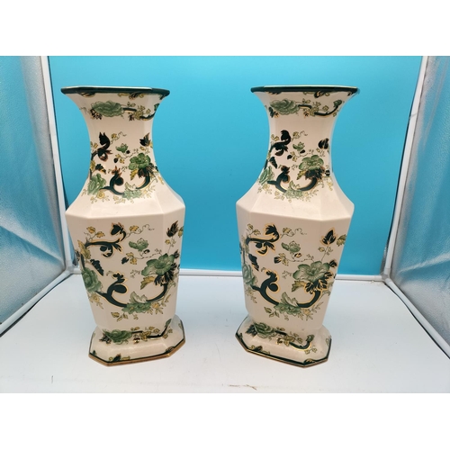 469 - Pair of Large 43cm Mason's Ironstone Vases in the Green Chartreuse Pattern. One has Small Chip to ba... 