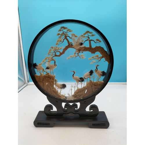 490 - Large Wooden Framed Cork Diorama with Oriental Scene of Cranes. 40cm High x 30cm.