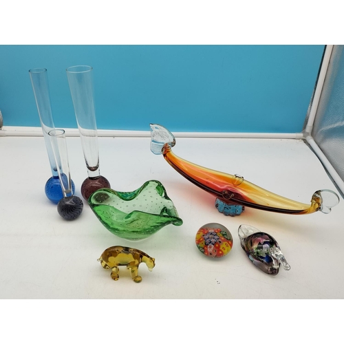 522 - Mixed Coloured Glass Items (8) to include Paperweight, Gondola, Controlled Bubble Dish, Bud Vases, B... 