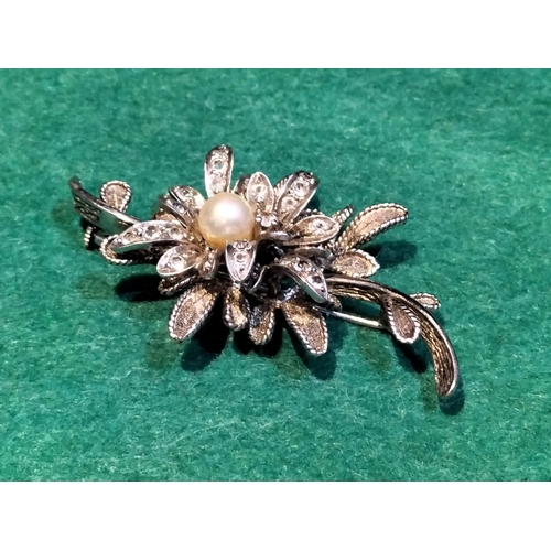 509 - Silver 925 Brooch with Pearl Flower Centre. 6.5cm Long. 12.9 Grams.