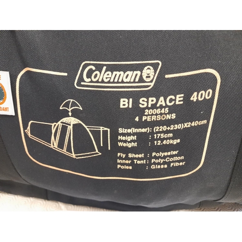 739 - Coleman Bi-Space 400 Tent (4 Person). Inner Size 220cm x 230cm x 240cm. Height 175cm. Weight 12.4kg.