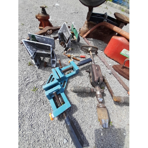 200B - Large Metal Scales and Pan (No Weights) plus Collection of Vices, Petrol Can, etc.