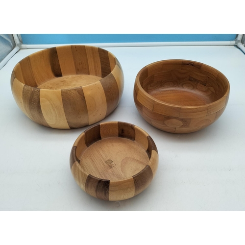 230 - Set of 3 Wooden 2 Tone Bowls. Largest 11cm High, 26cm Diameter.