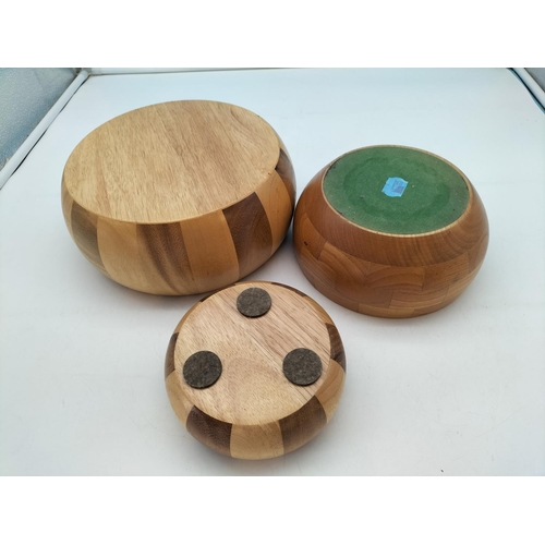 230 - Set of 3 Wooden 2 Tone Bowls. Largest 11cm High, 26cm Diameter.