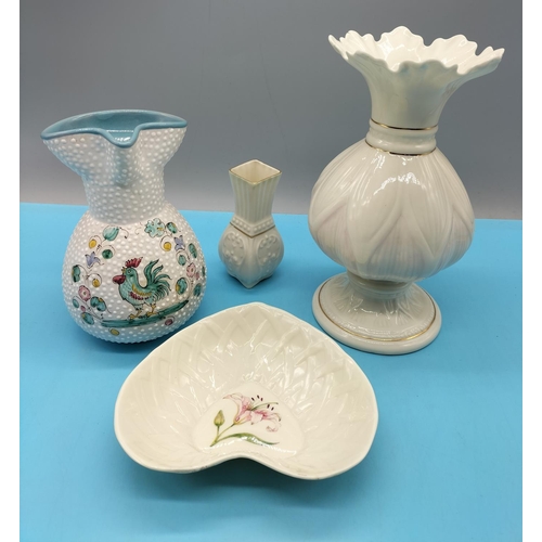 235 - Belleek Vases (2), Belleek Dish, plus Mid Century Italian Hand Painted 16cm Jug. Slight A/F to Rim o... 