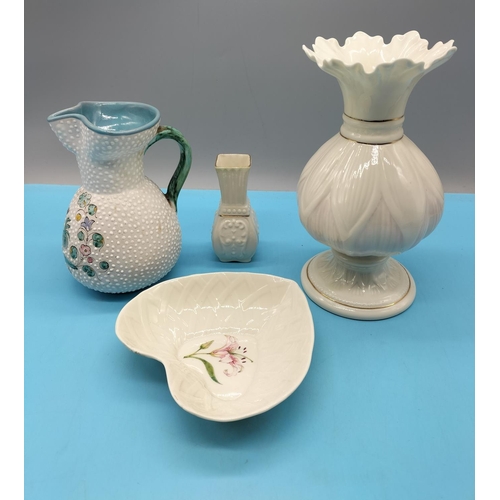 235 - Belleek Vases (2), Belleek Dish, plus Mid Century Italian Hand Painted 16cm Jug. Slight A/F to Rim o... 