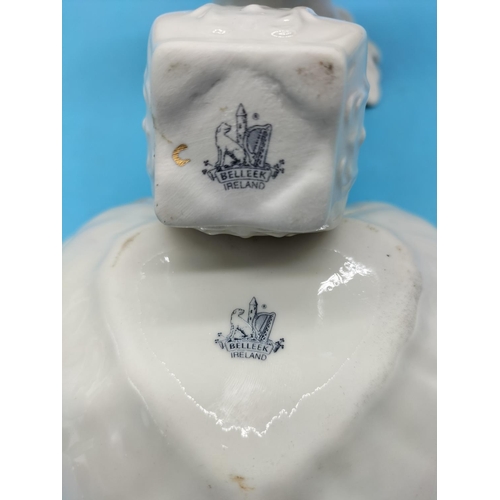 235 - Belleek Vases (2), Belleek Dish, plus Mid Century Italian Hand Painted 16cm Jug. Slight A/F to Rim o... 