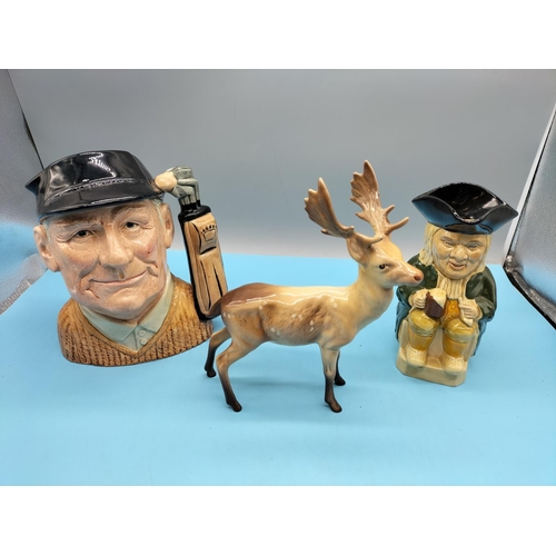 482 - Royal Doulton Large 20cm 'The Golfer' D6623 Character Jug (2nds), Beswick Figure of a Stag (Antler A... 