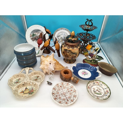 486 - Box of Mixed Items to include Temple Jar, Wooden Bird Figures, Large Shell, etc.