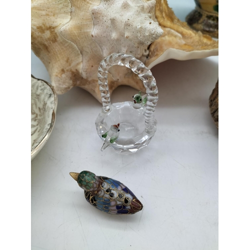 486 - Box of Mixed Items to include Temple Jar, Wooden Bird Figures, Large Shell, etc.