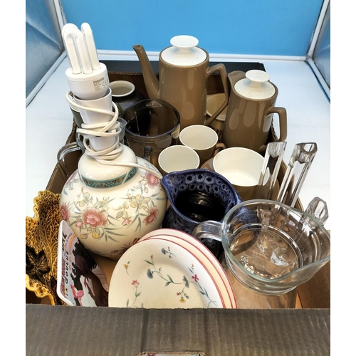 498 - Box of Mixed Pottery and Glass to include Coffee Pot, Lamp Base, Jugs, etc.  Sold in Aid of Ukraine.
