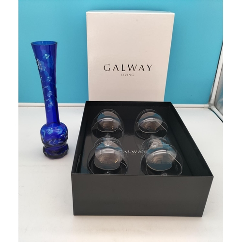 501 - Boxed Set of 4 Galway Living Belleek Pure Brandy Glasses plus Cobalt Blue 30cm Etched Vase. Nip to R... 