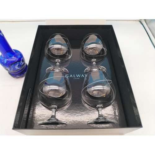 501 - Boxed Set of 4 Galway Living Belleek Pure Brandy Glasses plus Cobalt Blue 30cm Etched Vase. Nip to R... 