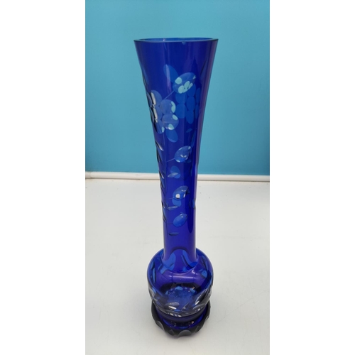 501 - Boxed Set of 4 Galway Living Belleek Pure Brandy Glasses plus Cobalt Blue 30cm Etched Vase. Nip to R... 