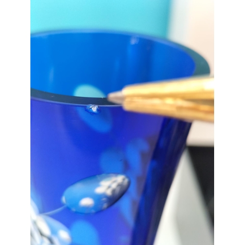 501 - Boxed Set of 4 Galway Living Belleek Pure Brandy Glasses plus Cobalt Blue 30cm Etched Vase. Nip to R... 