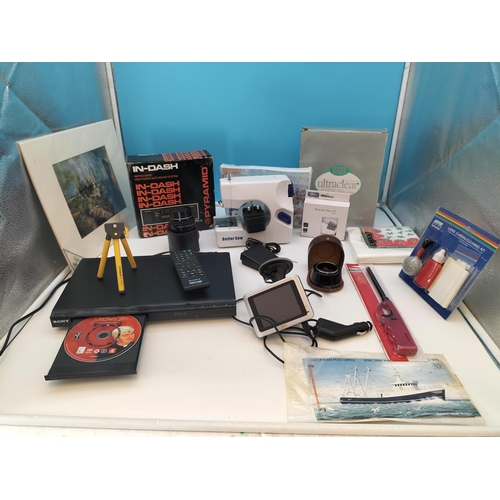 503 - Box of Mixed Items to include Sony DVD Player (W/O), Long Flame BBQ Lighter, New Mini Sewing Machine... 