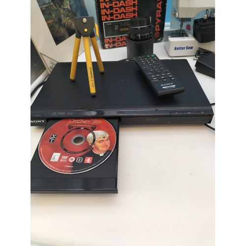 503 - Box of Mixed Items to include Sony DVD Player (W/O), Long Flame BBQ Lighter, New Mini Sewing Machine... 