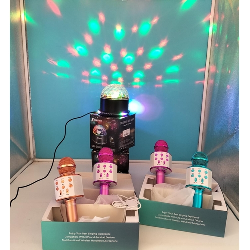 517 - Boxed Disco Lights (2) and 2 Sets of 2 Wireless Microphones. Also Boxed. W/O.