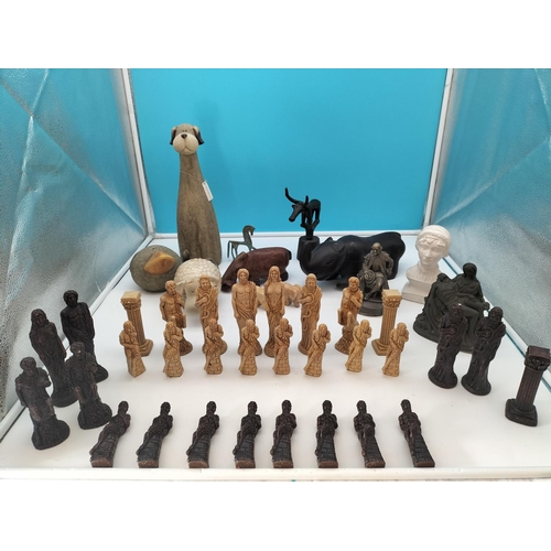 518 - Collection of Mixed Figures to include Pottery and Wooden Animals, Chess Pieces (1 Missing), etc.