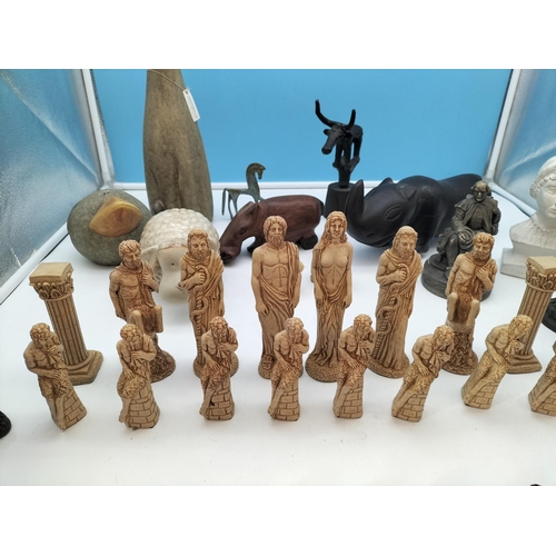 518 - Collection of Mixed Figures to include Pottery and Wooden Animals, Chess Pieces (1 Missing), etc.
