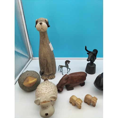 518 - Collection of Mixed Figures to include Pottery and Wooden Animals, Chess Pieces (1 Missing), etc.
