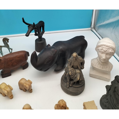 518 - Collection of Mixed Figures to include Pottery and Wooden Animals, Chess Pieces (1 Missing), etc.