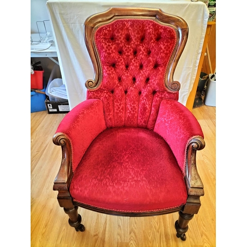 211 - Victorian Mahogany Framed Red Fabric Armchair on Double Castors. 100cm High, 70cm x 90cm. Seat Heigh... 