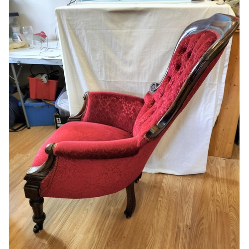 211 - Victorian Mahogany Framed Red Fabric Armchair on Double Castors. 100cm High, 70cm x 90cm. Seat Heigh... 