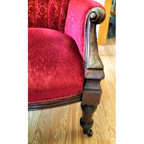 211 - Victorian Mahogany Framed Red Fabric Armchair on Double Castors. 100cm High, 70cm x 90cm. Seat Heigh... 