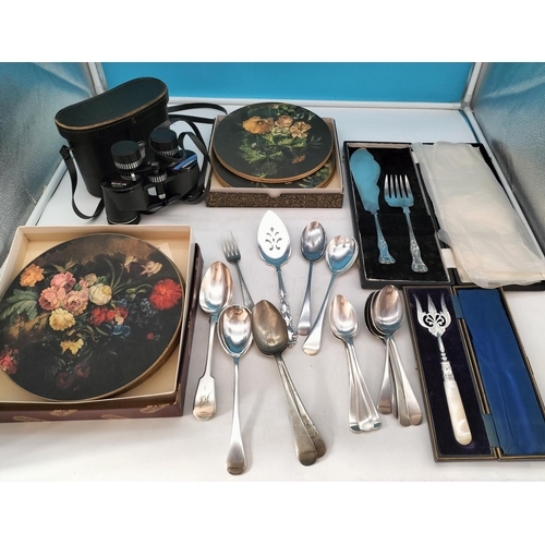 536 - Box of Vintage Cutlery, Vintage Placemats plus Binoculars.
